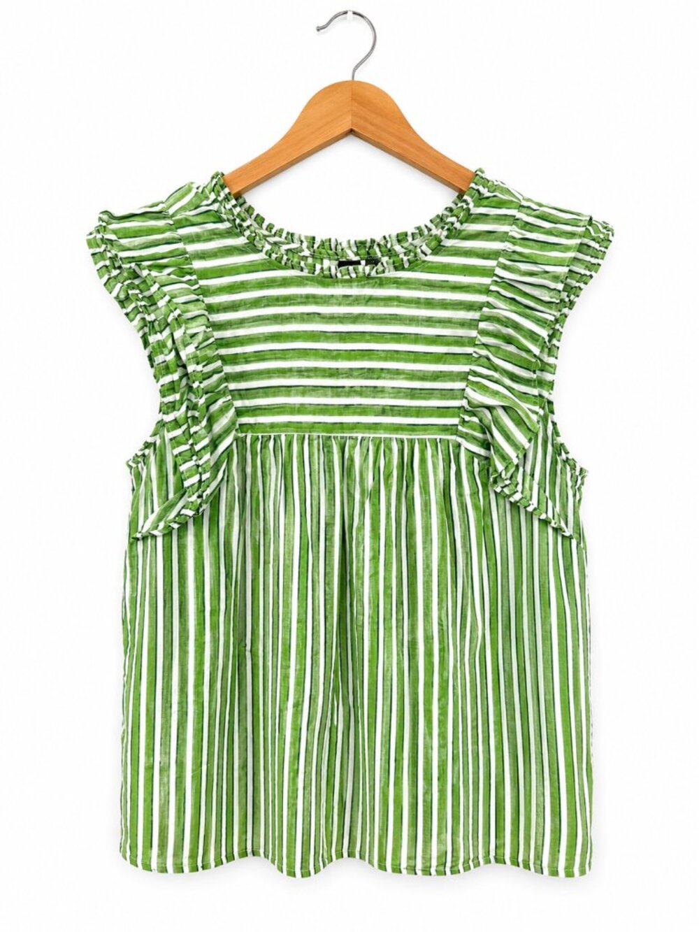 LOFT Green & White Striped Ruffle Sleeveless Blouse